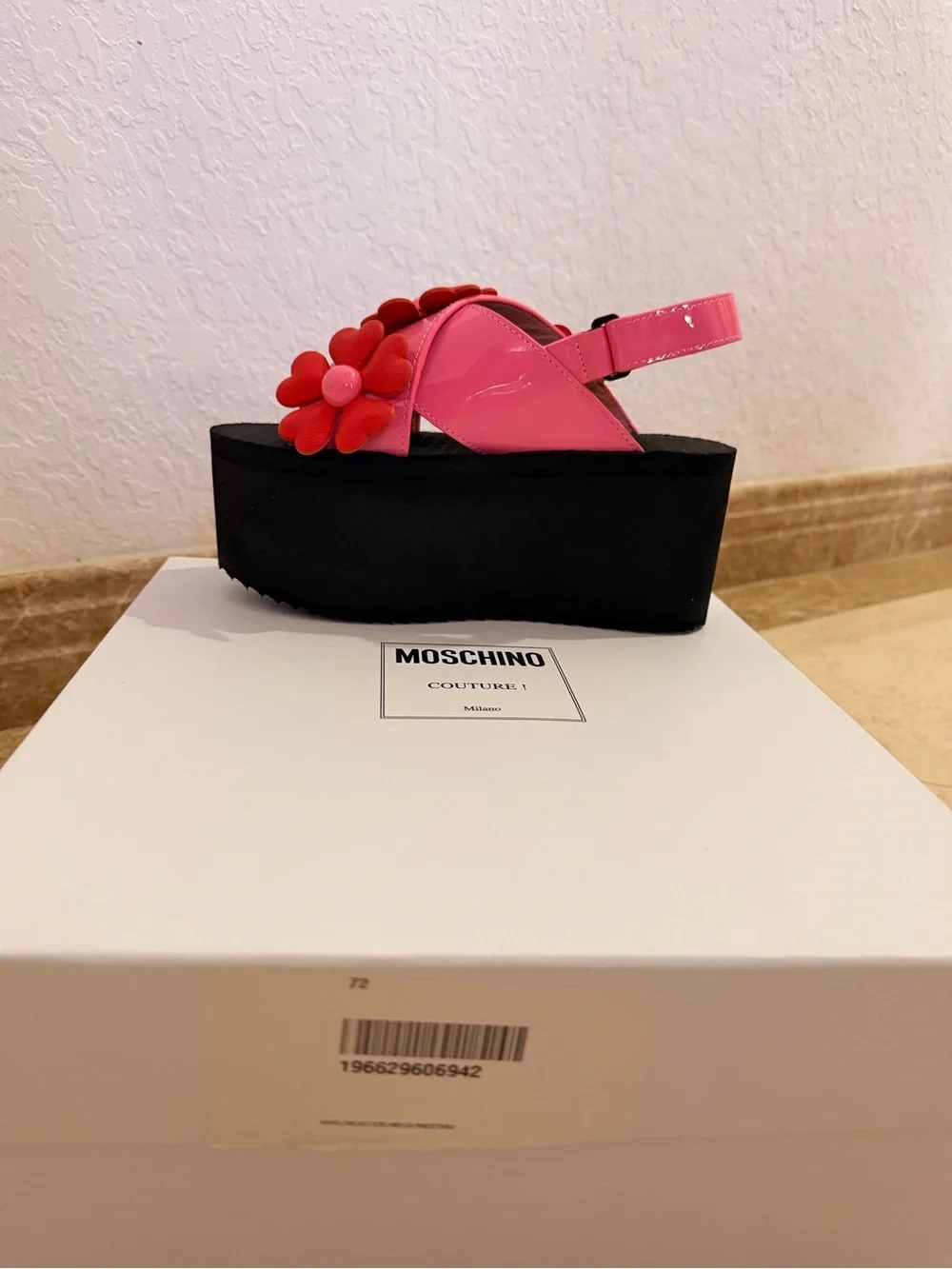 Moschino Heart Flower Crossover Platform Sandals - Pink with Red Flowers